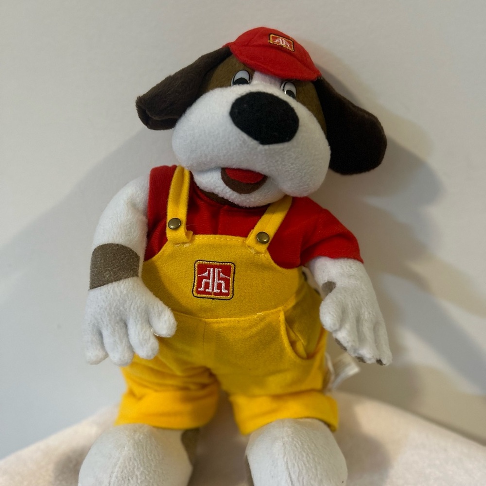 Vintage Home Hardware Adorable Plush Dog Toy in Yellow Overalls - VERY RARE-